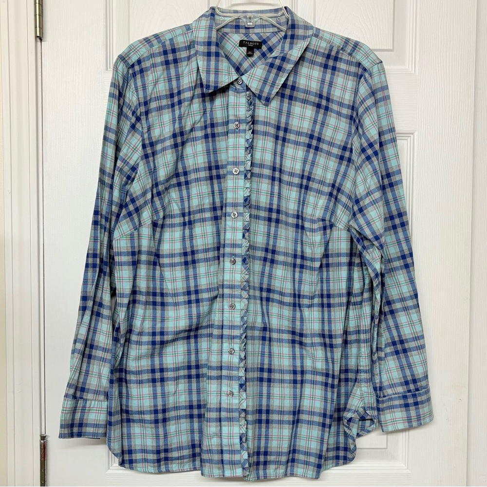 Talbots Ruffle Front Plaid Flannel Button Front Top Sz 2X